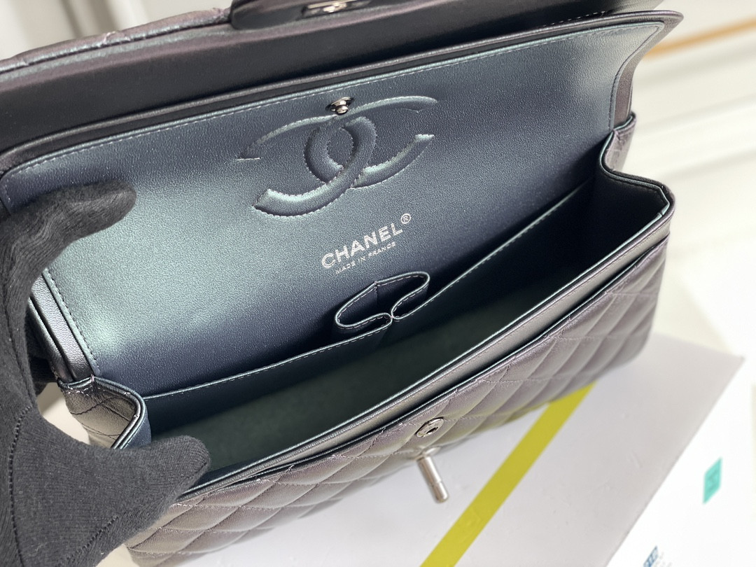 Ch*el crumpled calfskin quited double flap black 19.5×30×10cm