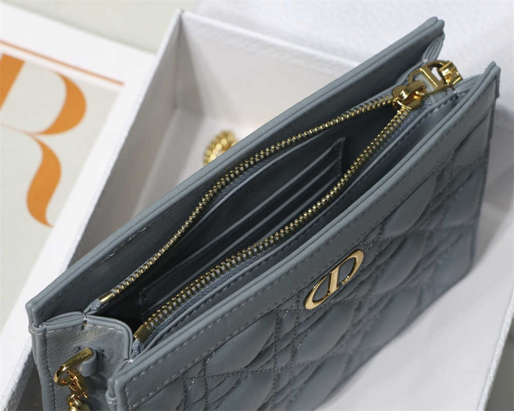 d*or caro zipped pouch with chain blue S*pple cannage calfskin 19 x 14 x 4.5 cm