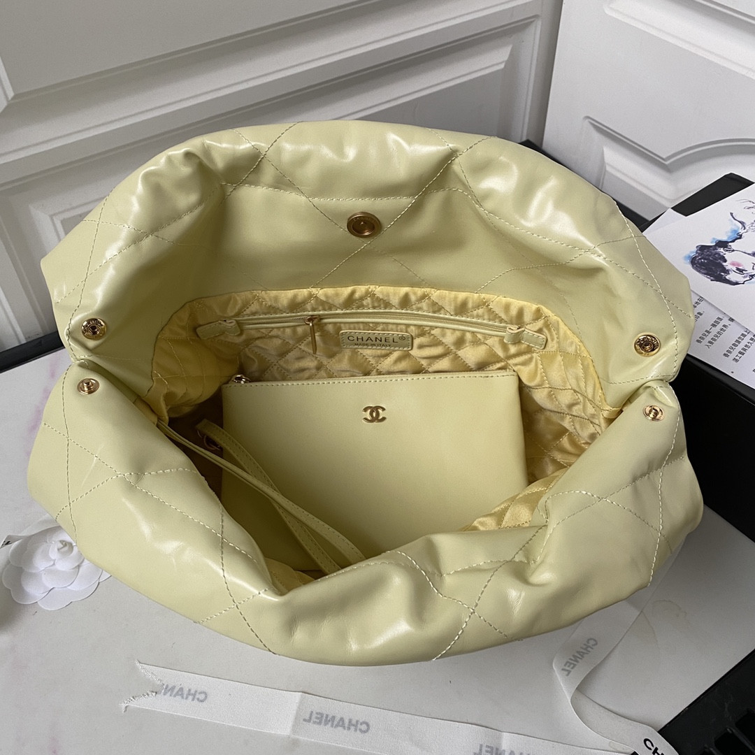 Ch*el 22 handbag shiny calfskin yellow 30×45×8cm