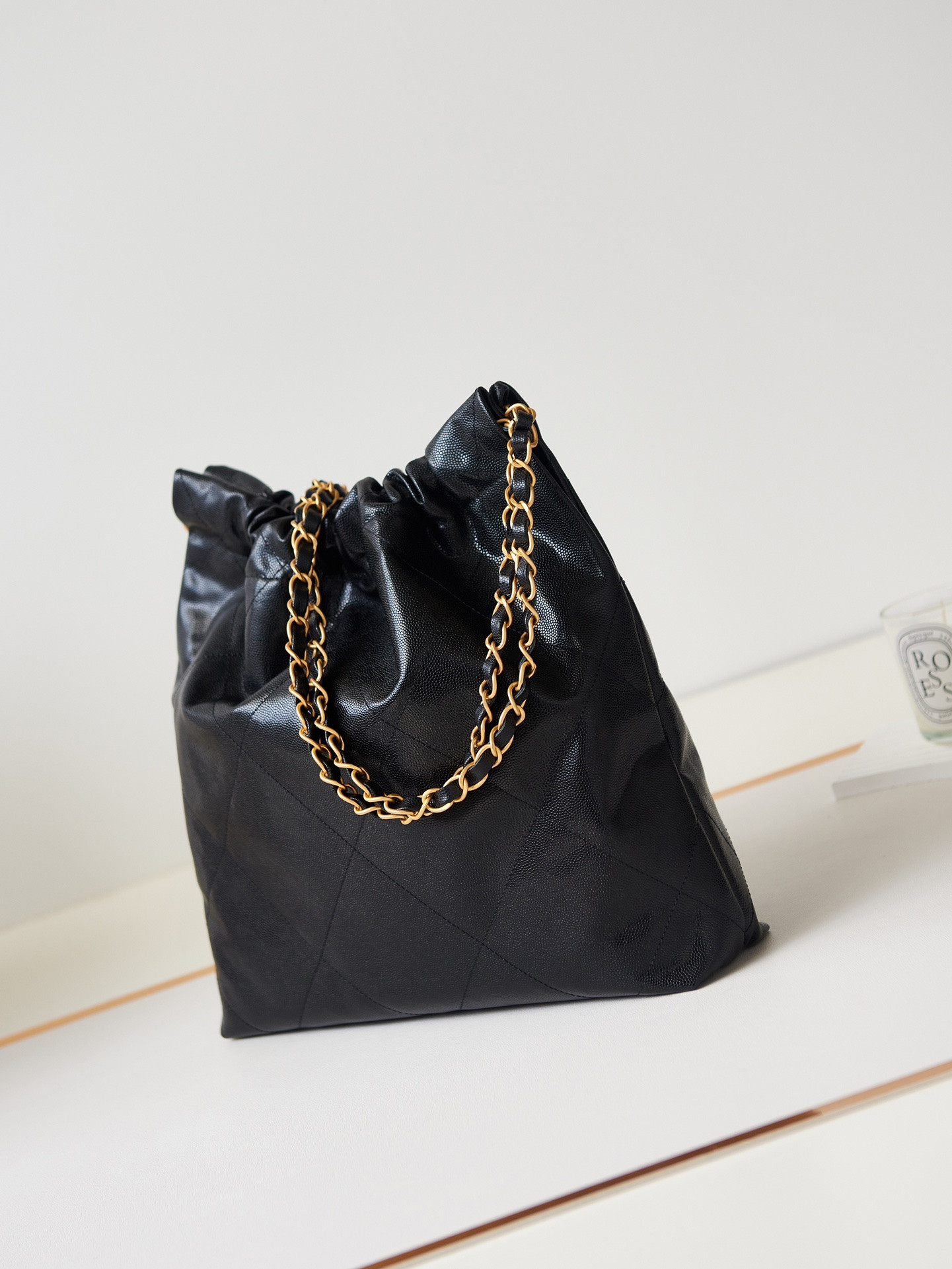 Ch*el 22 small handbag shiny calfskin & gold metal black 13.7×14.4×2.7 in