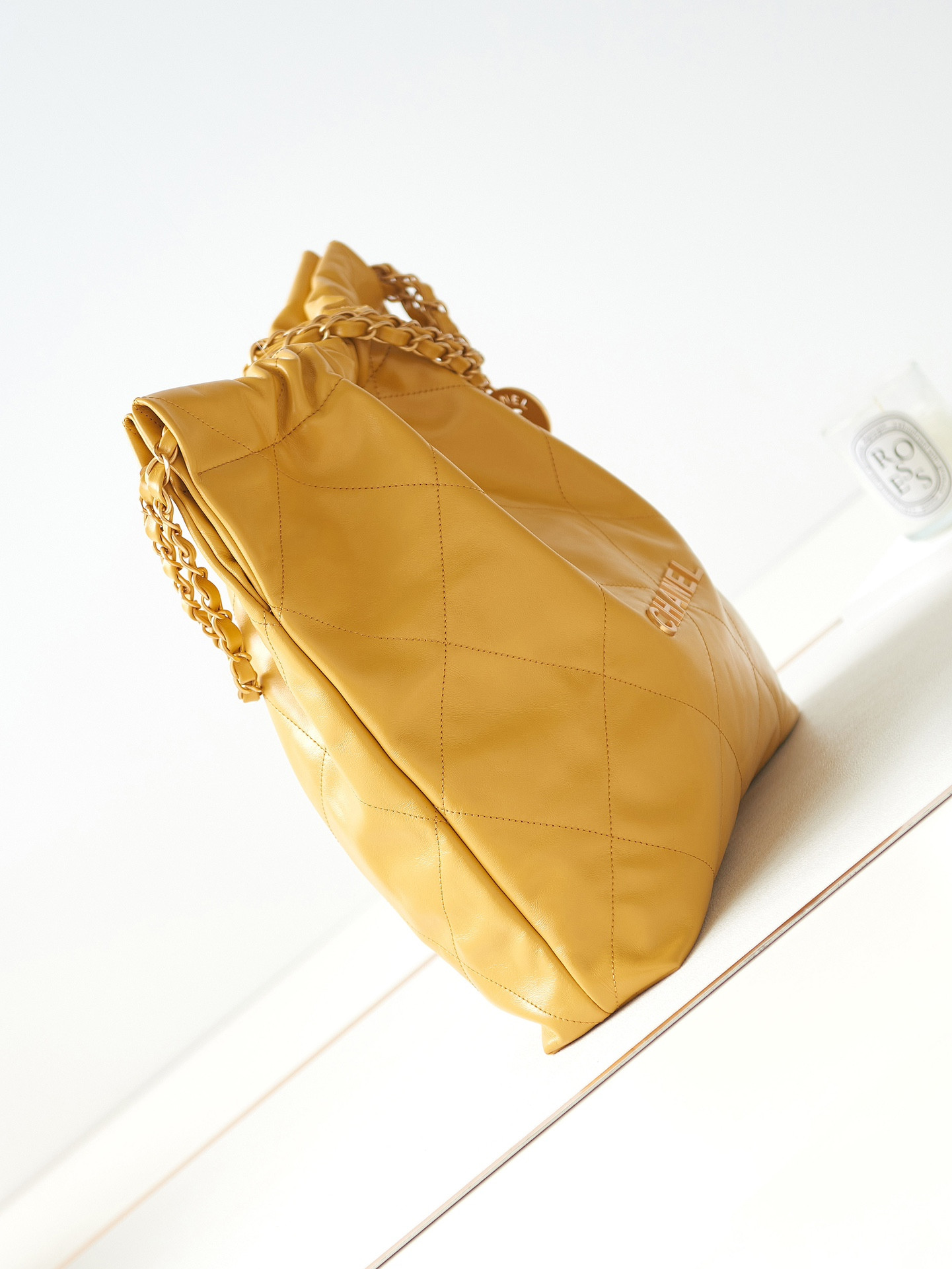 Ch*el 22 small handbag shiny calfskin yellow 15.2×16.4×3.1 in