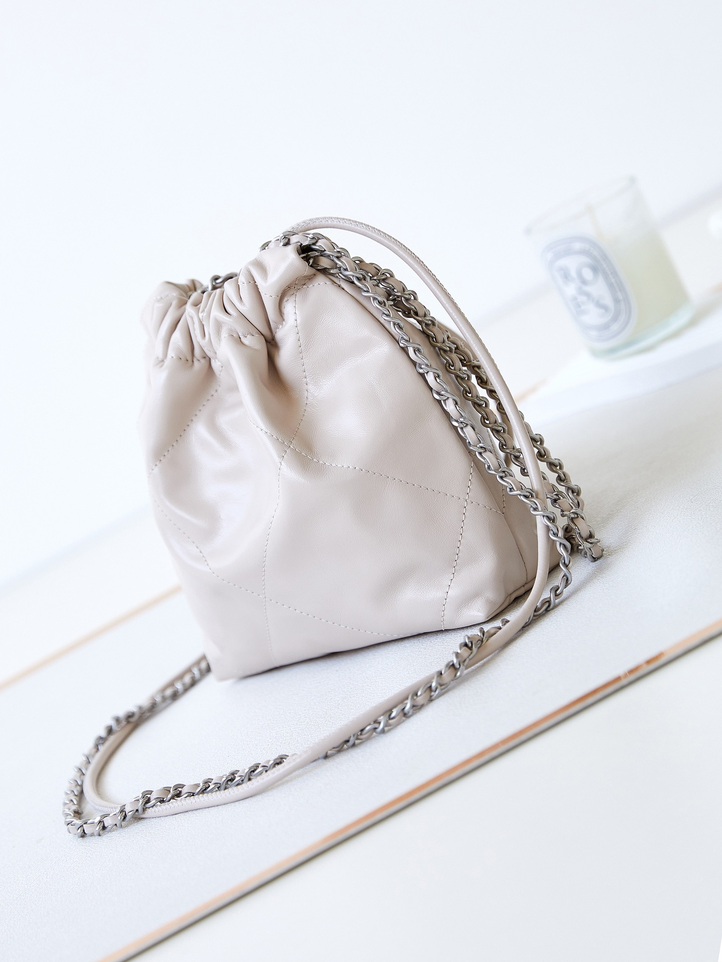 Ch*el 22 mini handbag shiny calfskin apricot 7.8 × 7.4 × 2.3 in