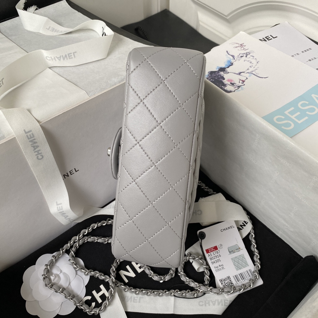 Ch*el mini flap bag shiny calfskin & silver-tone metal light gray 4.7 × 7.8 × 2.3 in