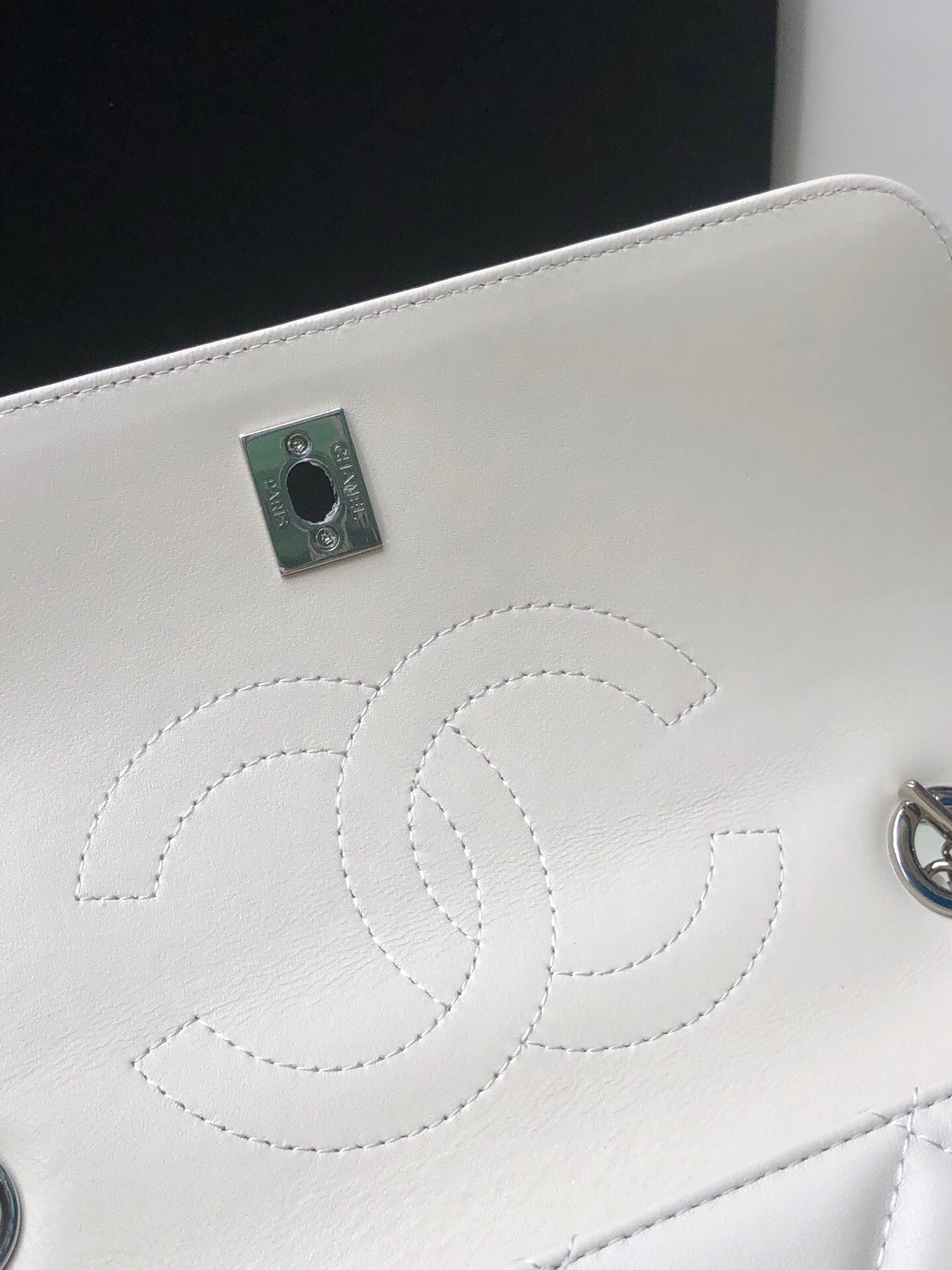 Ch*el flap bag with top handle 6.6 × 9.8 × 4.7 in