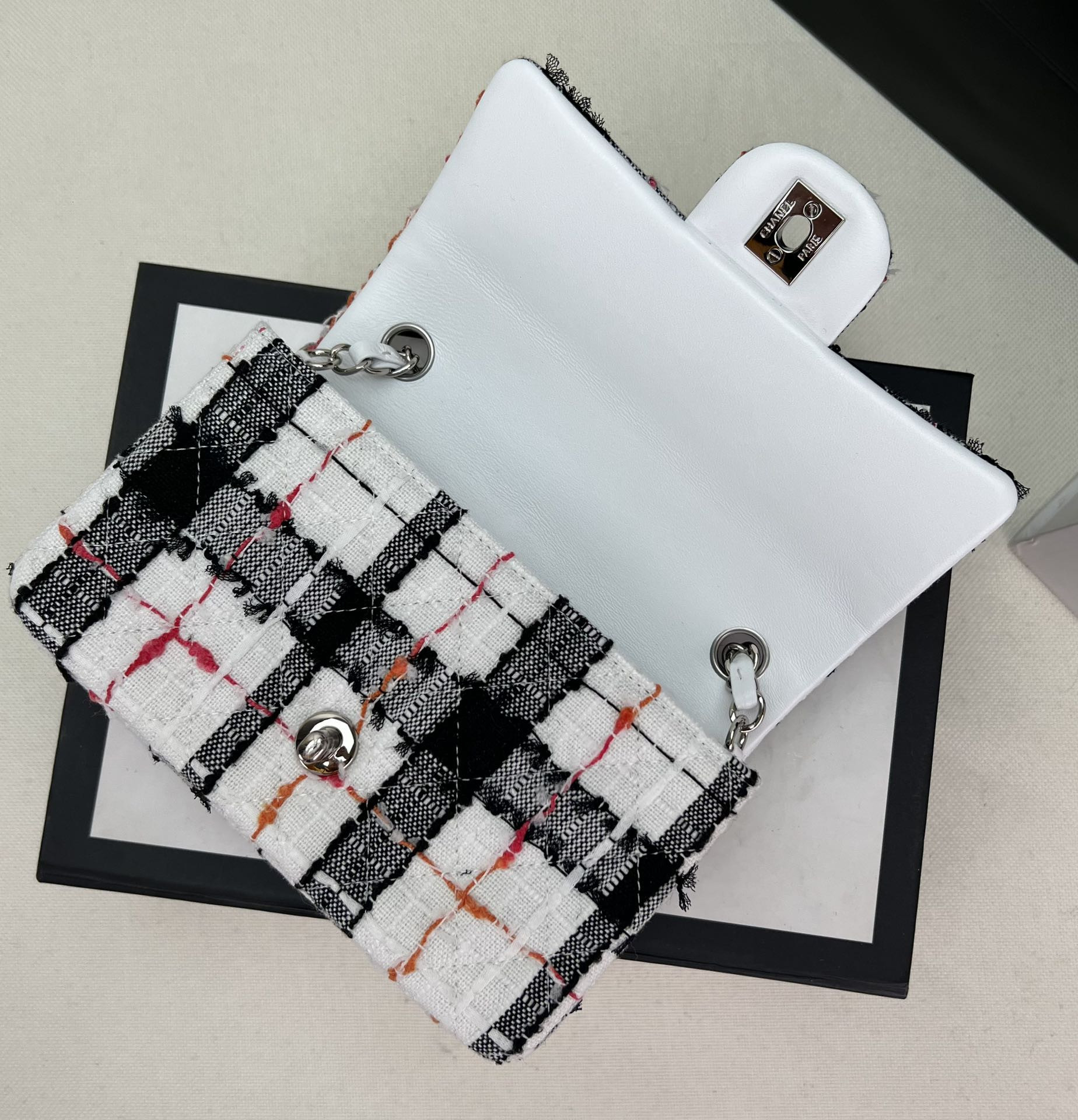 Ch*el mini classic 11.12 handbag tweed & silver-tone metal  4.7 × 7.8 × 2.3 in