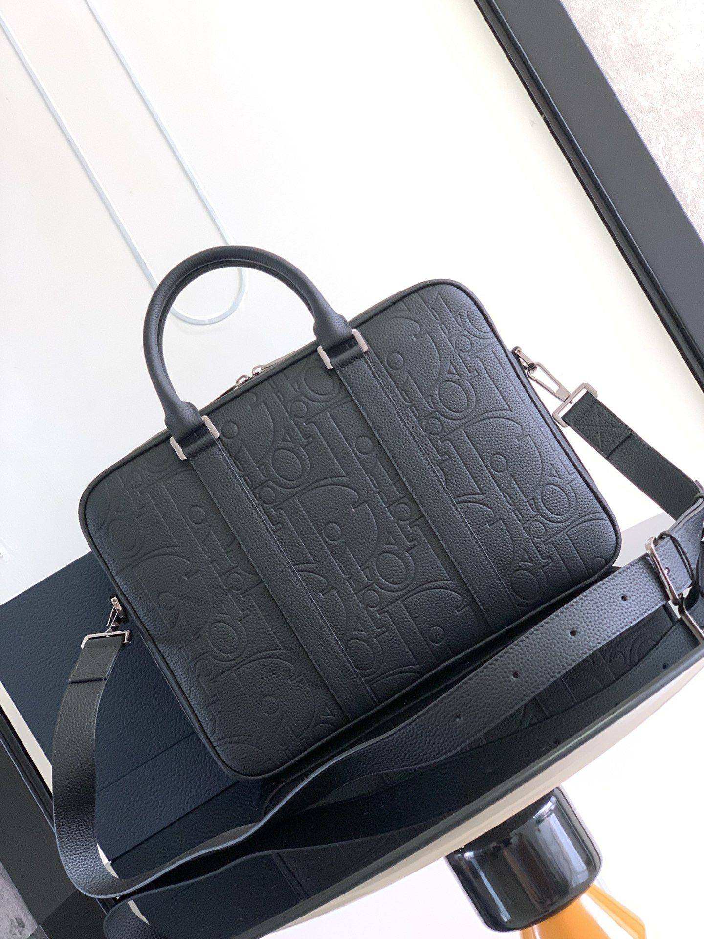 D*or zipped briefcase black D*or gravity leather and black grained calfskin 37 x 28 x 6 cm