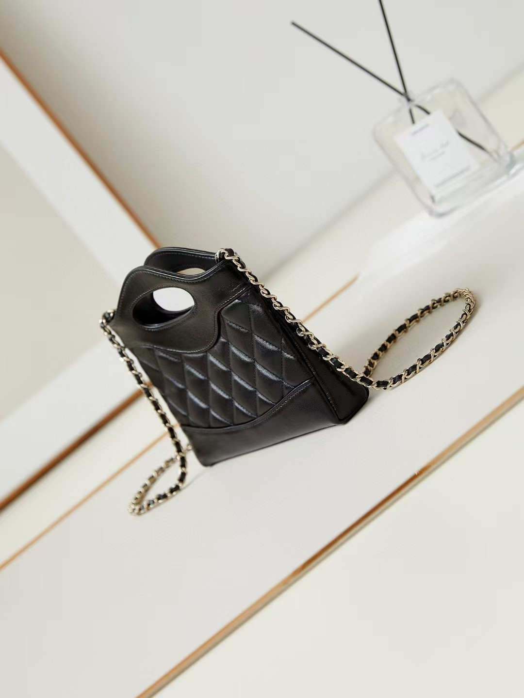 Ch**el 31 Nano Chain Bag Lambskin Gold Tone Metal Black AS3656 17.5x20.5x4cm