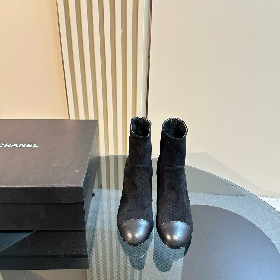 Ch**el Short Boots Suede Calfskin & Lambskin Black