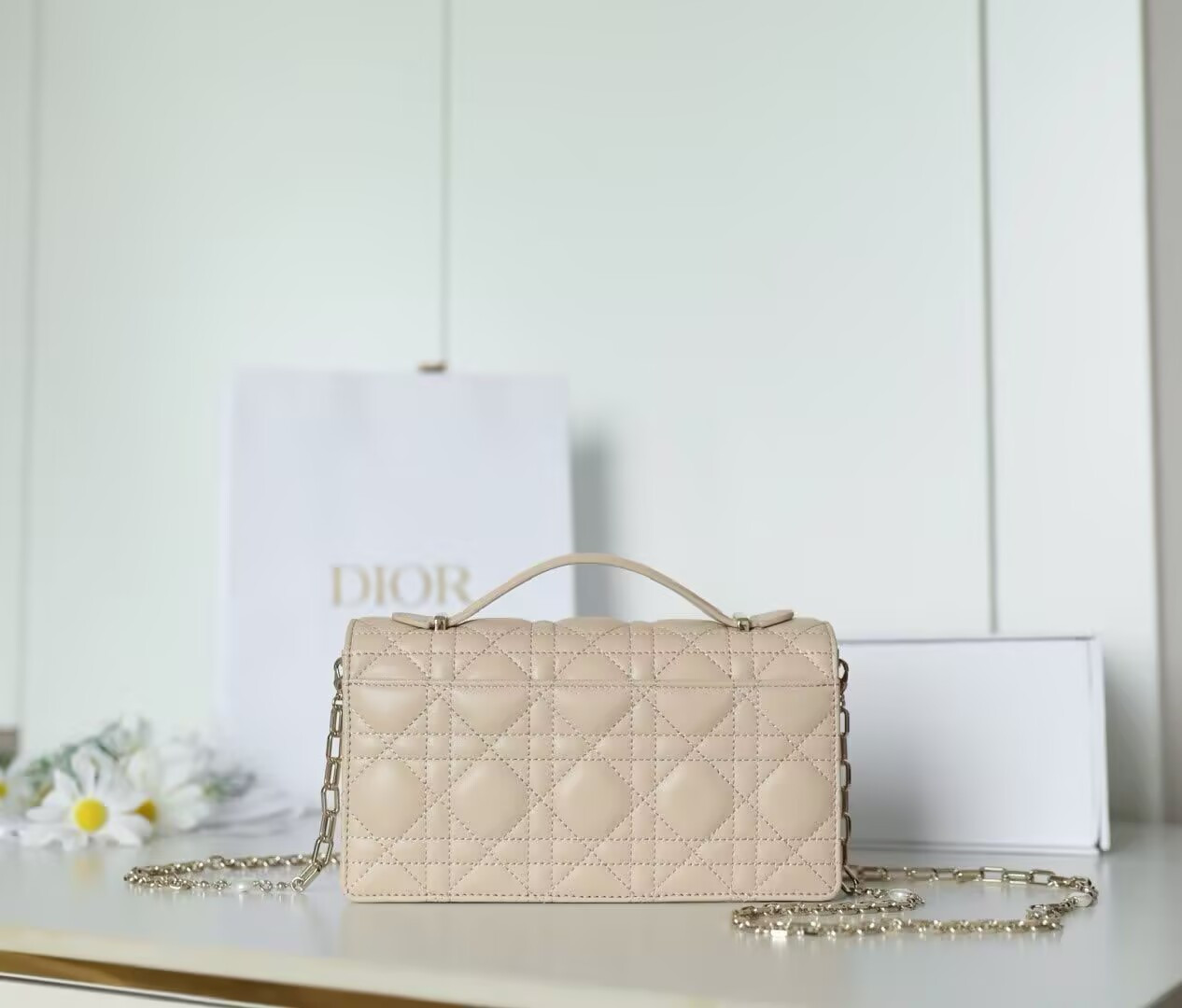 MISS D10r Mini Handbag Beige Cannage Woven Pattern Lambskin 21 x 11.5 x 4.5 cm