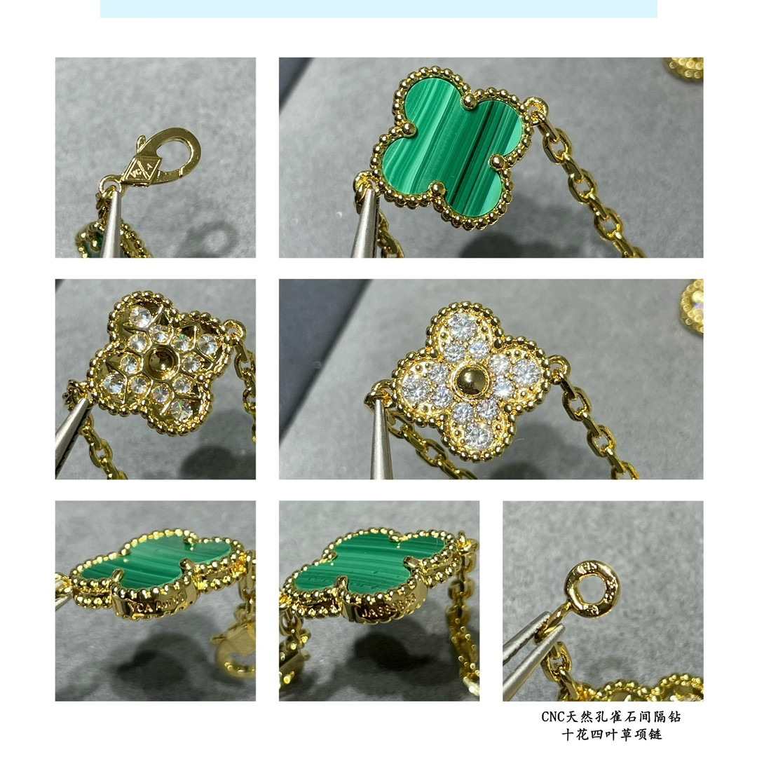 V*n Cl**f & Arpels Natural malachite interval D1am0nd ten flower four leaf clover Necklace
