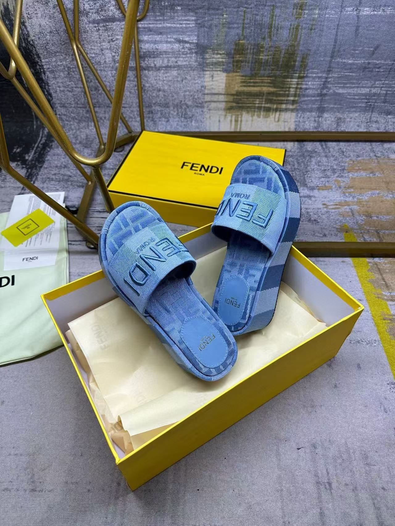 UA F**di Sunshine Light Blue De*1m-effect Jacquard Flatform Sandals