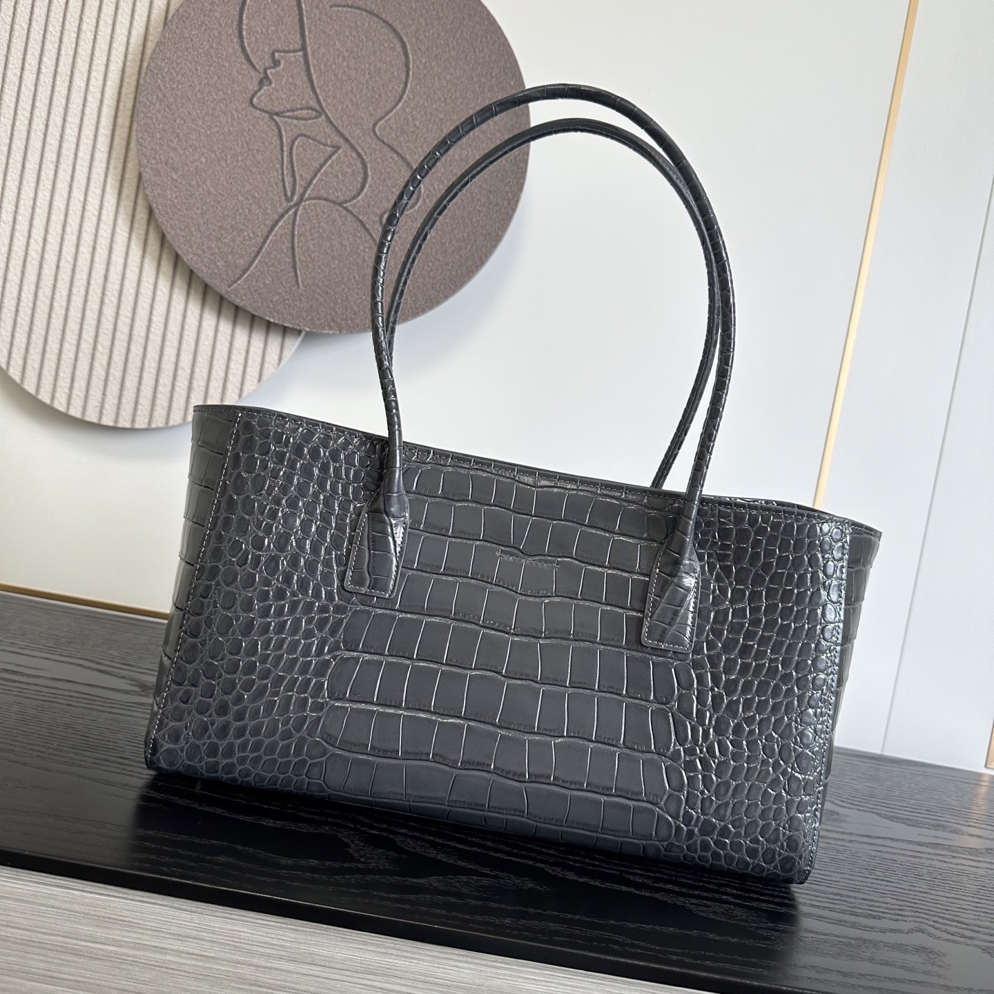 Ch**el Tote Crocodile-embossed Bag Gray 35x20x13cm