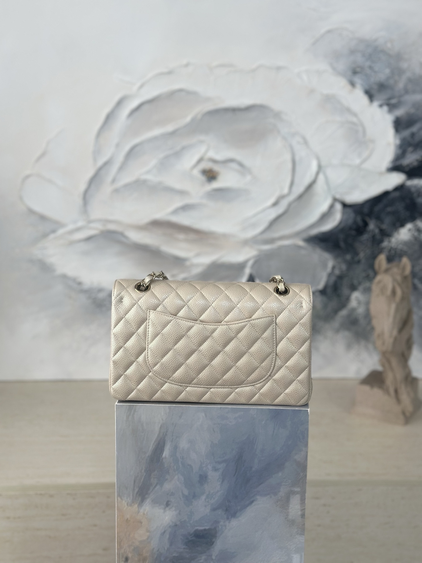 Ch**el Flap Bag Pearlescent Light Beige AS1112 25.5x15.5x6cm