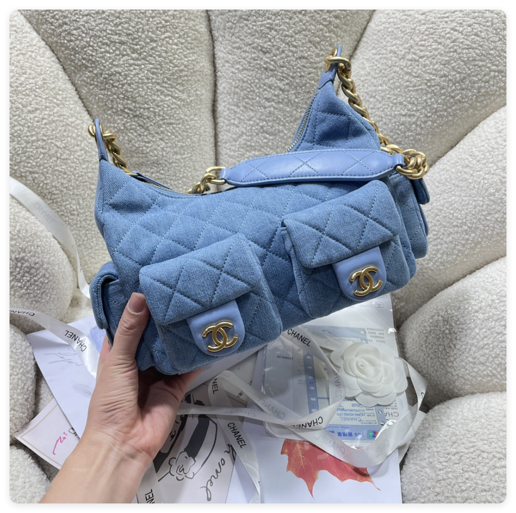 Ch**el CRUISE 2024/25 LARGE HOBO BAG Washed Denim & Gold-Tone Metal Blue  22x 31x 15cm