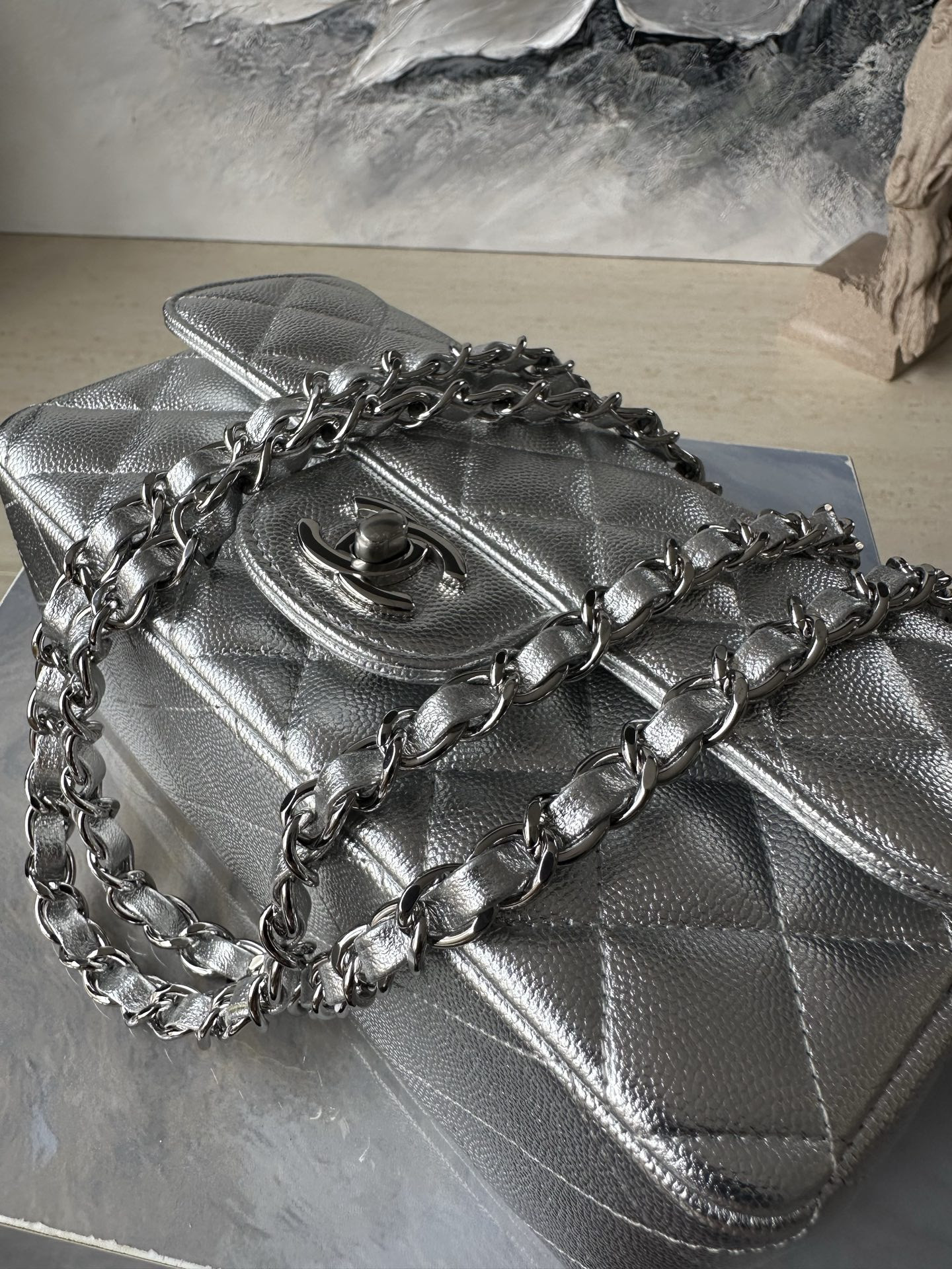 Ch**el Flap Bag Pearlescent Silver AS1116 20x12x6cm