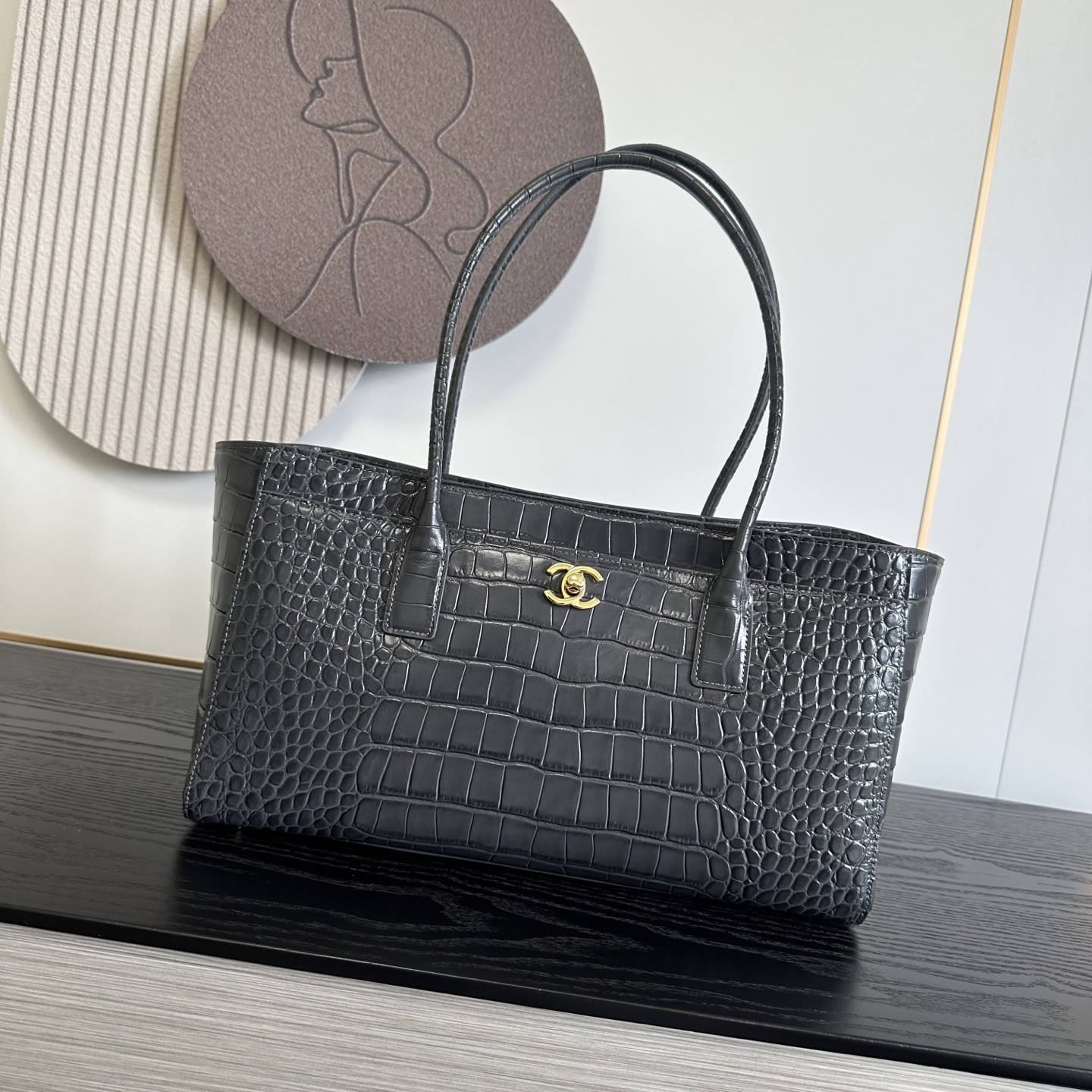 Ch**el Tote Crocodile-embossed Bag Gray 35x20x13cm