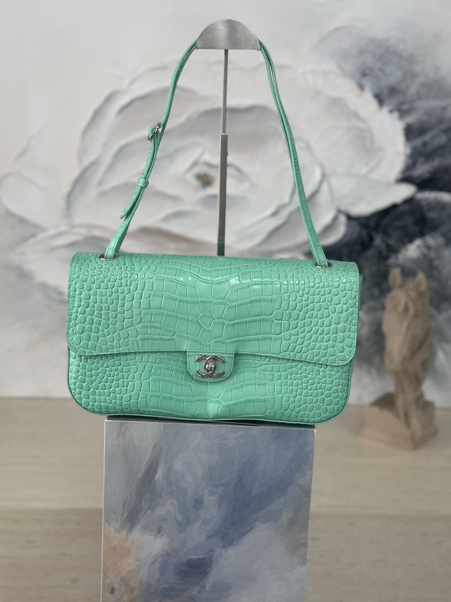 Ch**el Maxi Flap bag Glacier Blue Silver hardware AS6231 19.5x32x10cm