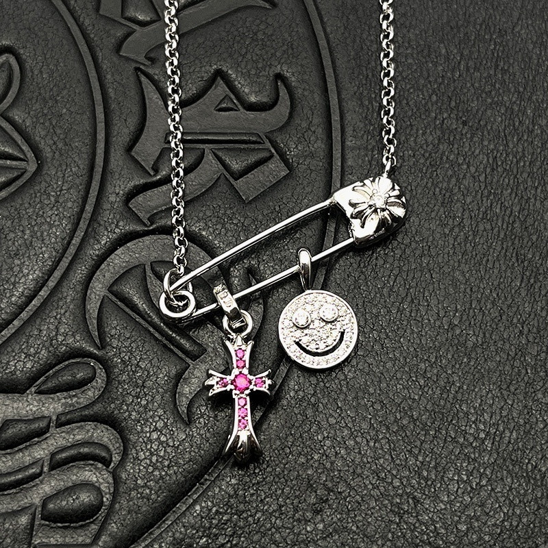 Chrome Hearts Smiley Face Small Cross Necklace (Chain length 45+5cm)