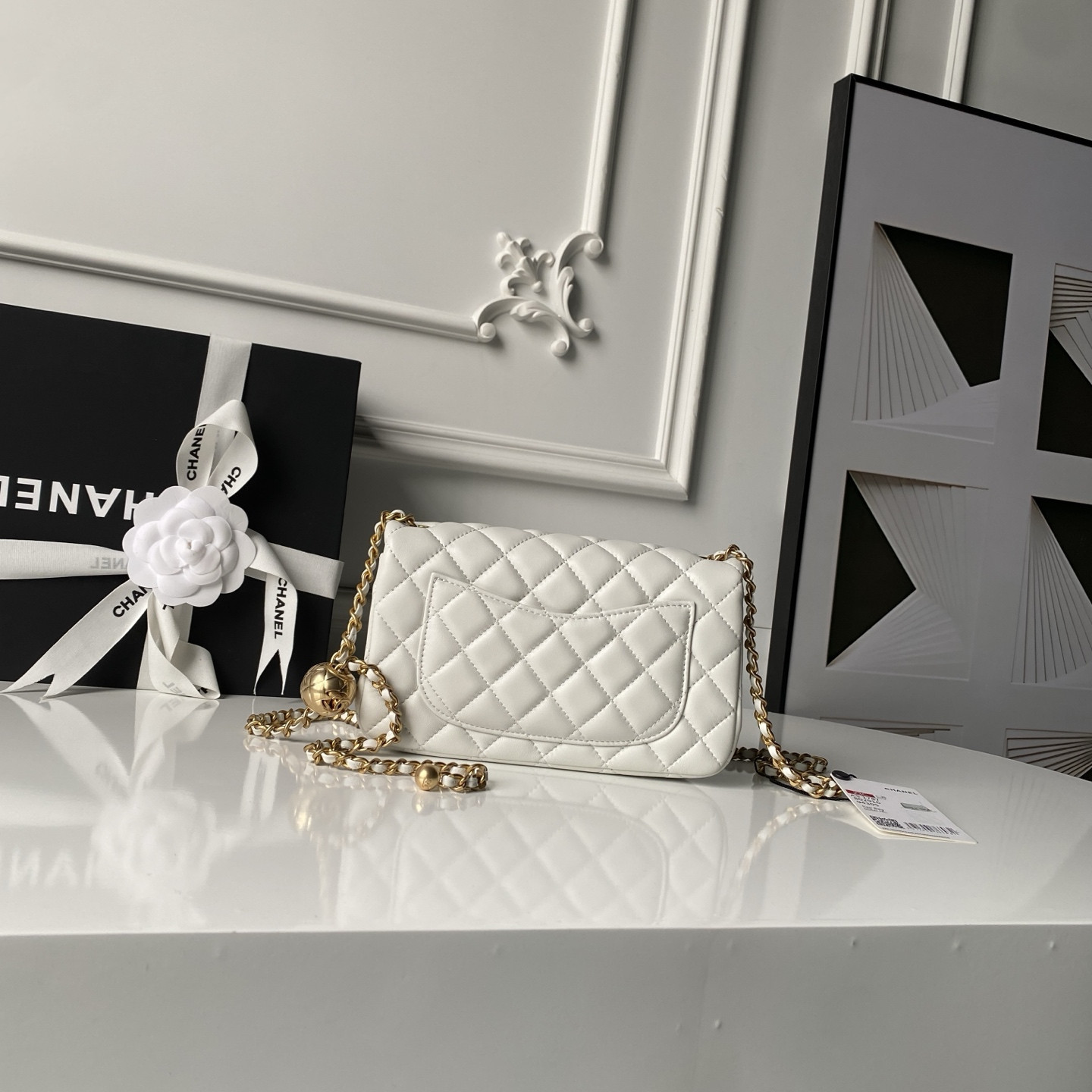 Ch**el MINI FLAP BAG SHINY CALFSKIN & gold-TONE METAL white 4.7 × 7.8 × 2.3 in