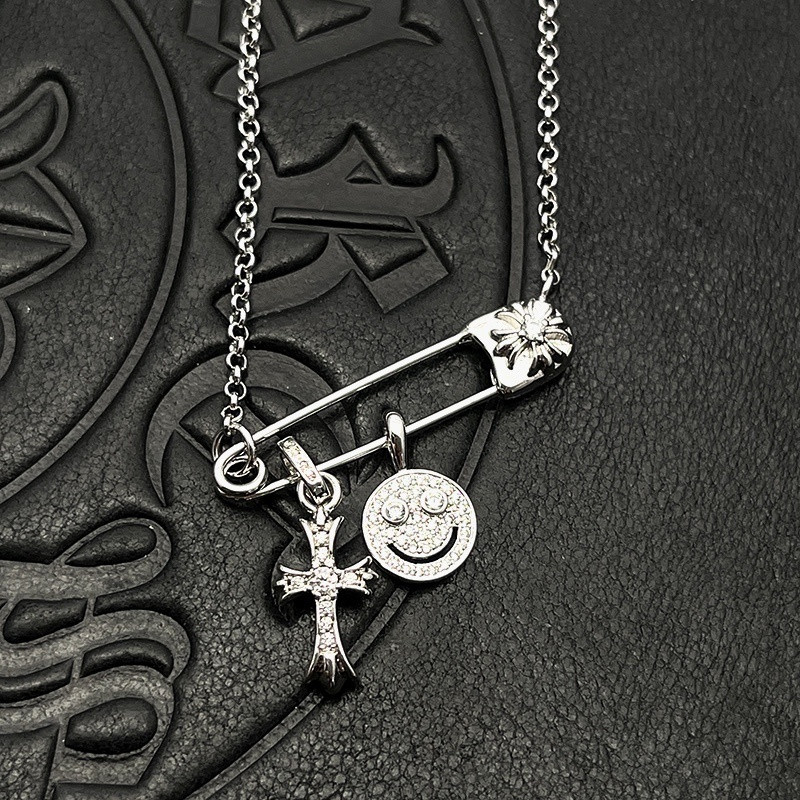 Chrome Hearts Smiley Face Small Cross Necklace (Chain length 45+5cm)