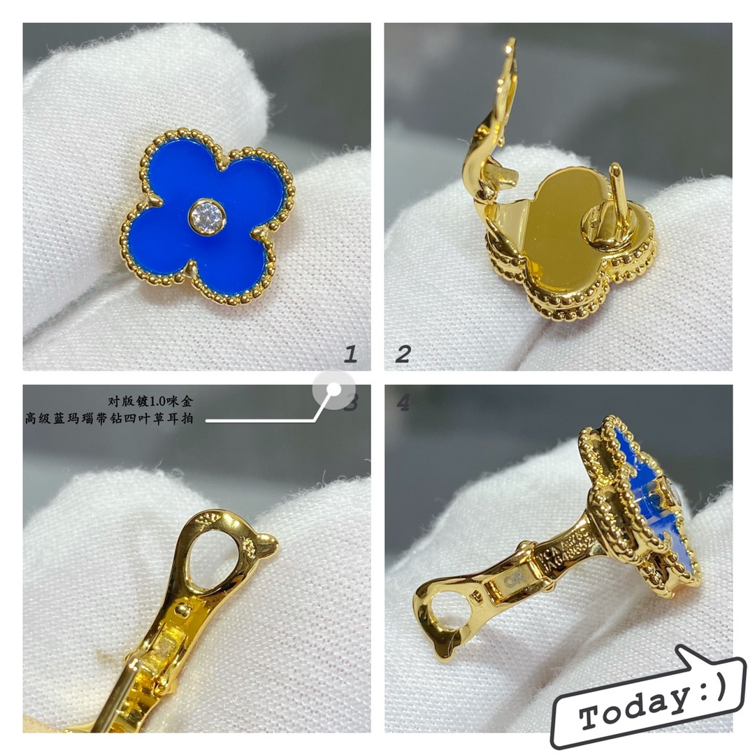 V*n Cl**f & Arpels Sapphire Blue Agate D1am0nd Four-Leaf Clover Earrings