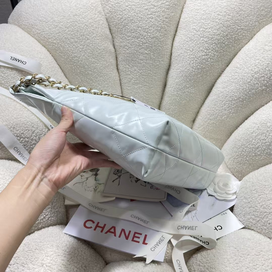 Ch**el 22 SMALL HANDBAG Shiny Calfskin Light Blue 37X35X7cm