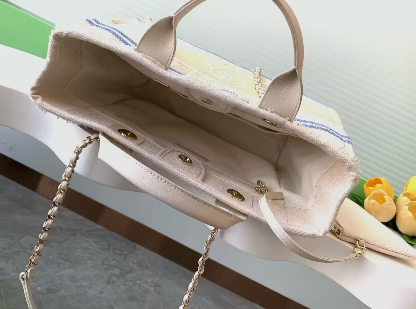 Ch**el Shopping Bag Cotton Canvas & Gold-Tone Metal 34x27x16cm