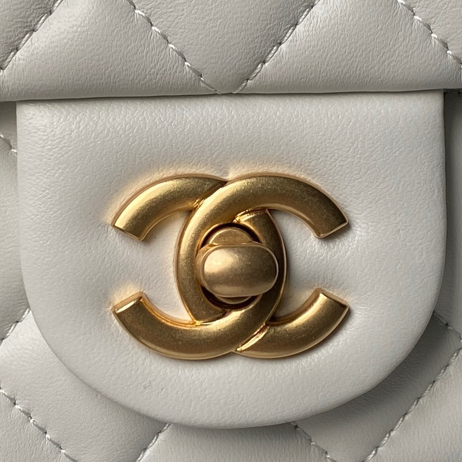 Ch**el MINI FLAP BAG SHINY CALFSKIN & gold-TONE METAL white 4.7 × 7.8 × 2.3 in