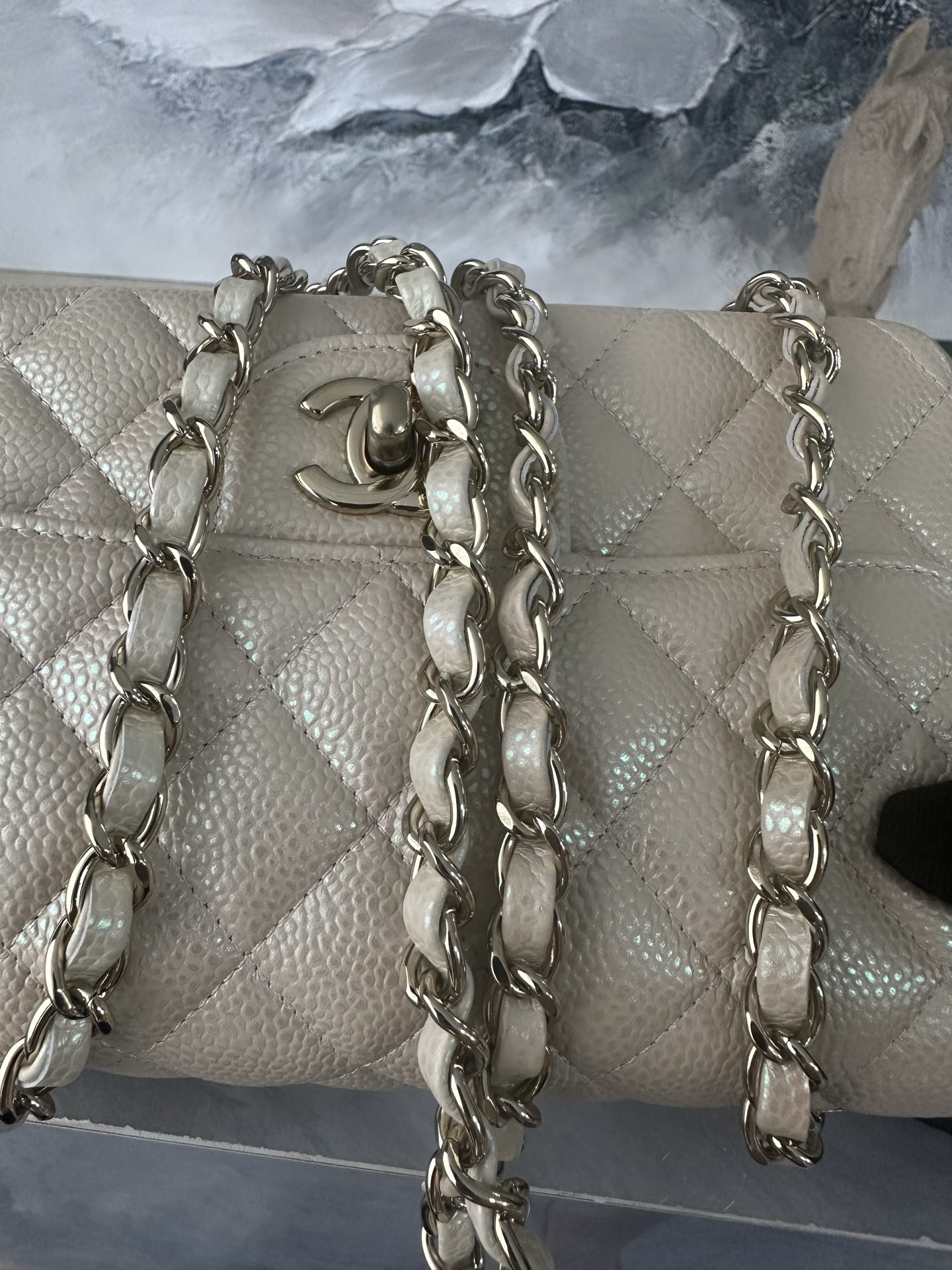 Ch**el Flap Bag Pearlescent Light Beige AS1116 20x12x6cm