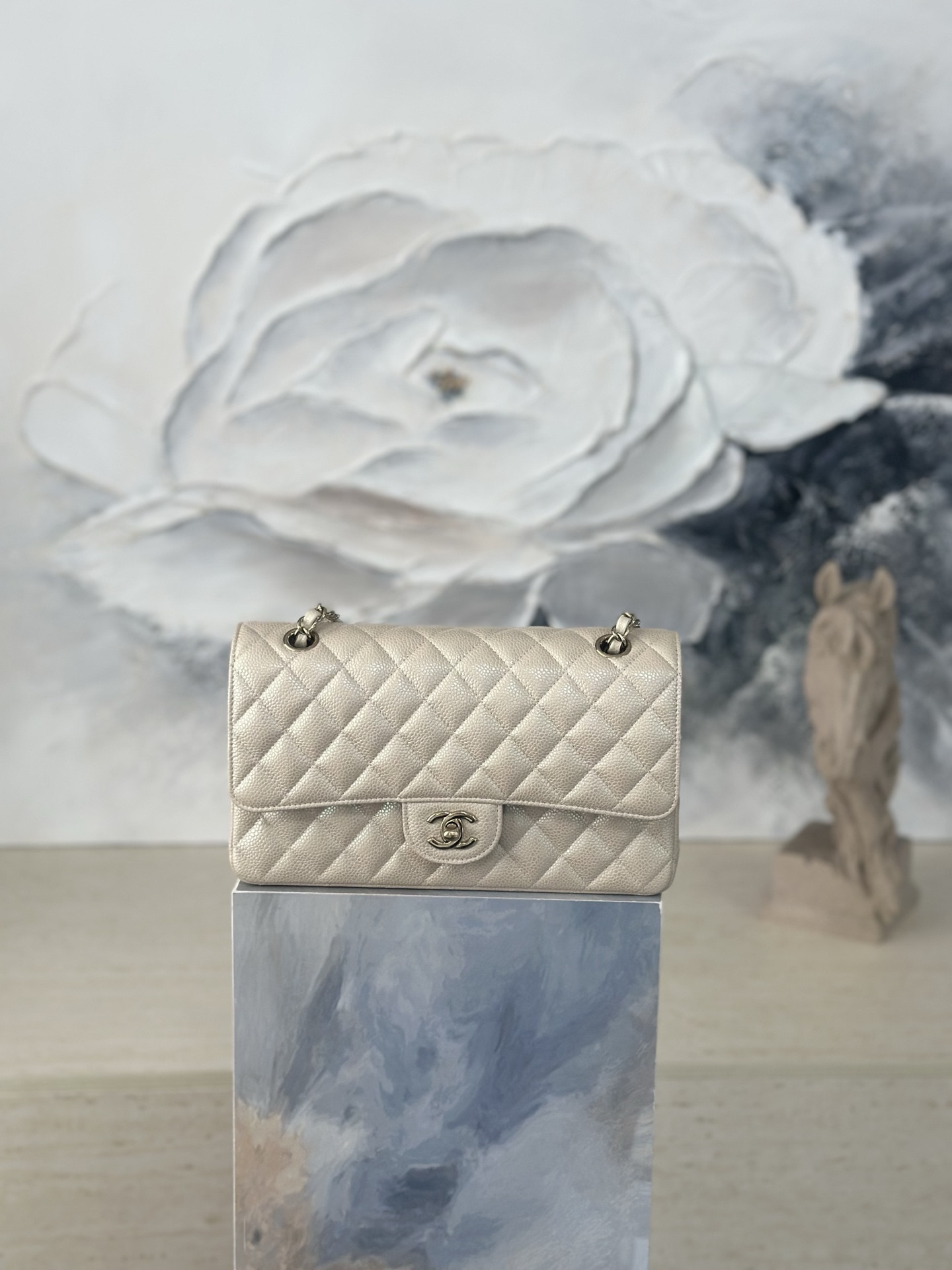 Ch**el Flap Bag Pearlescent Light Beige AS1112 25.5x15.5x6cm