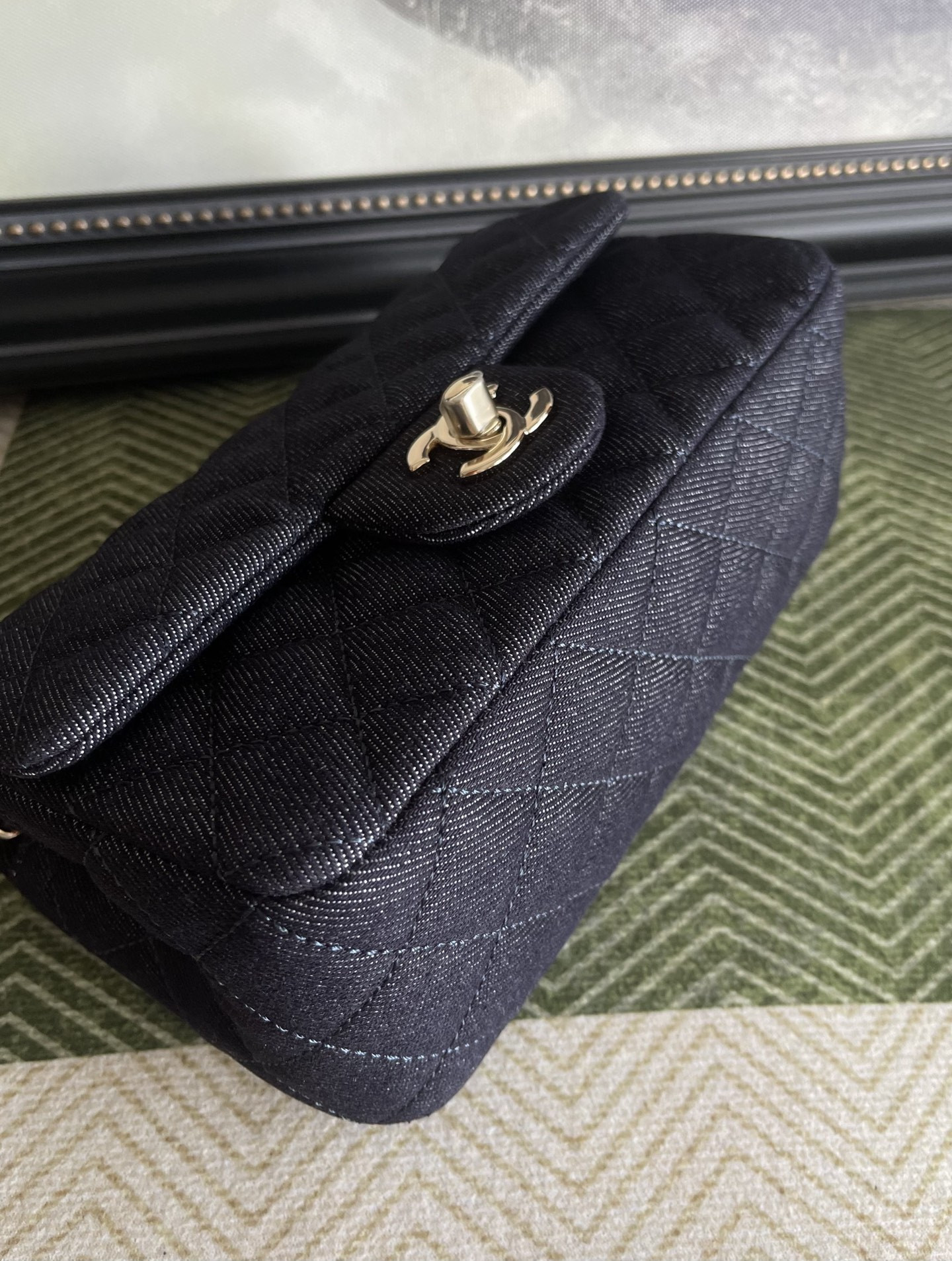 Ch**el Flap Bag Dark De*1m Blue with Light Gold Hardware AS1787 20x13x7cm