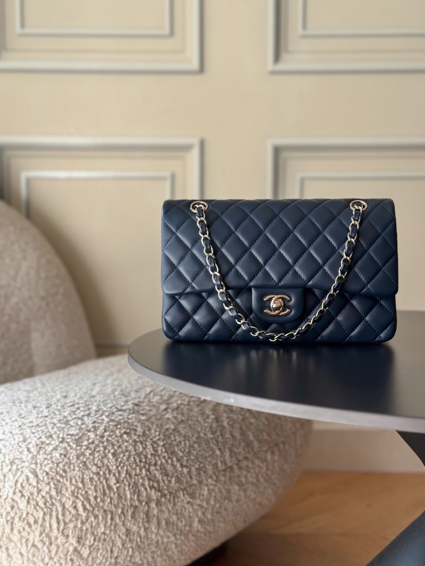 Ch**el flap bag royal blue light gold hardware 25.5x15.5x6.5cm