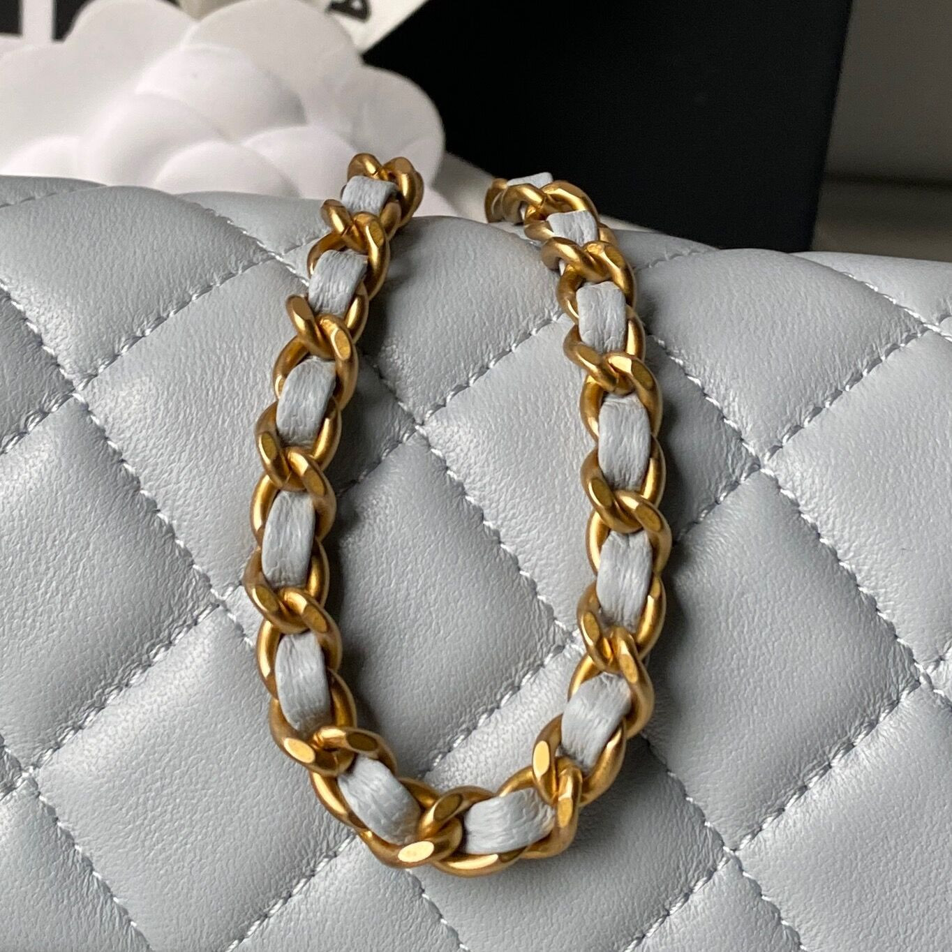 Ch**el MINI FLAP BAG SHINY CALFSKIN & gold-TONE METAL gray 4.7 × 7.8 × 2.3 in