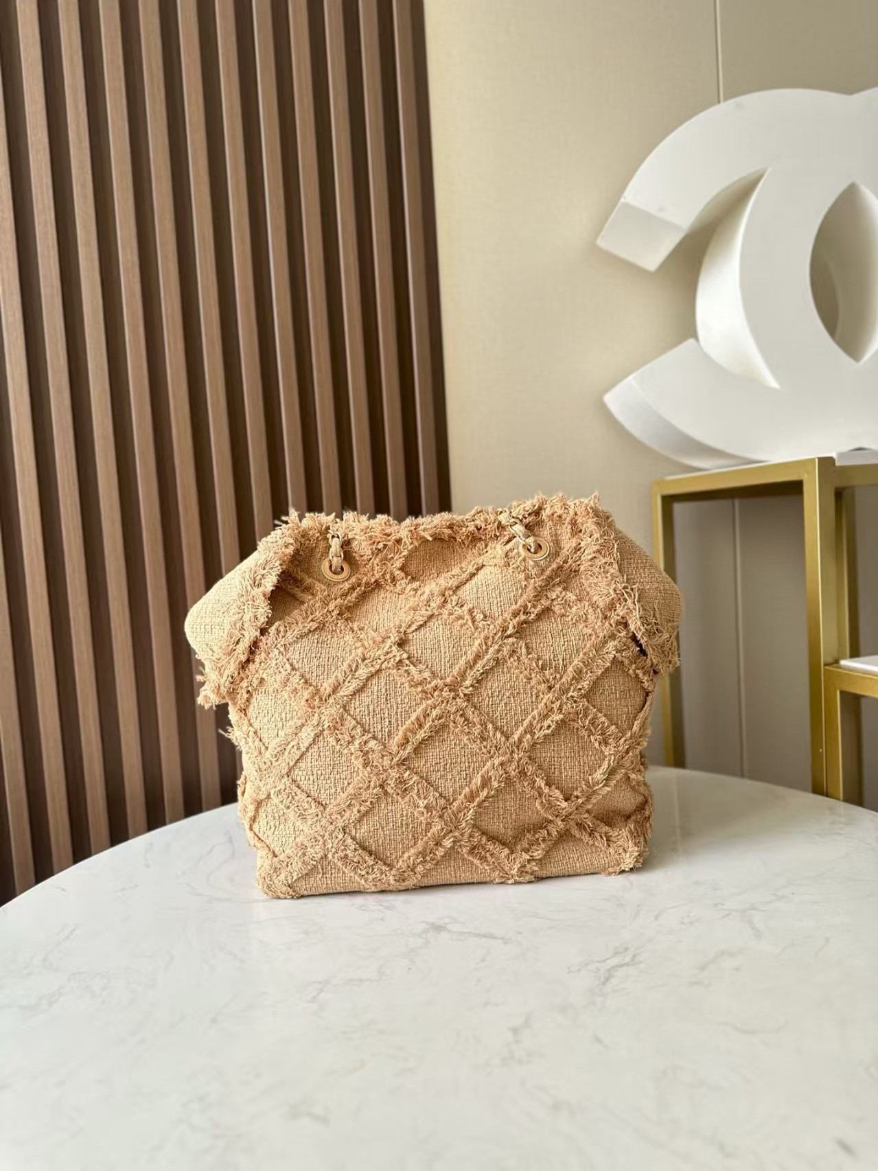 Ch**el Vintage Linen Tassel Tote Straw Bag 48x35x17cm