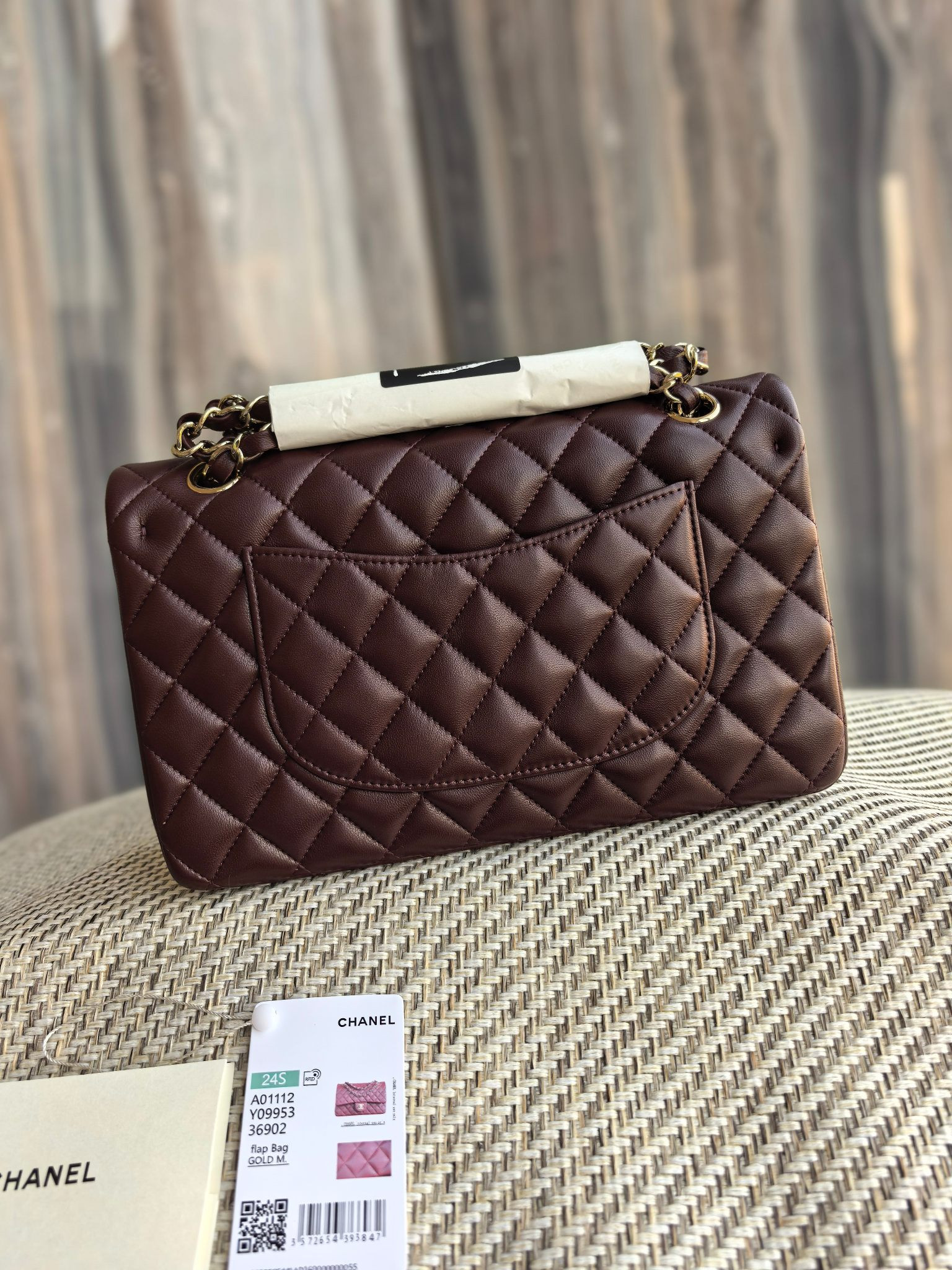 Ch**el classic flap bag chocolate brown with light gold hardware 15.5x25.5x6.5cm