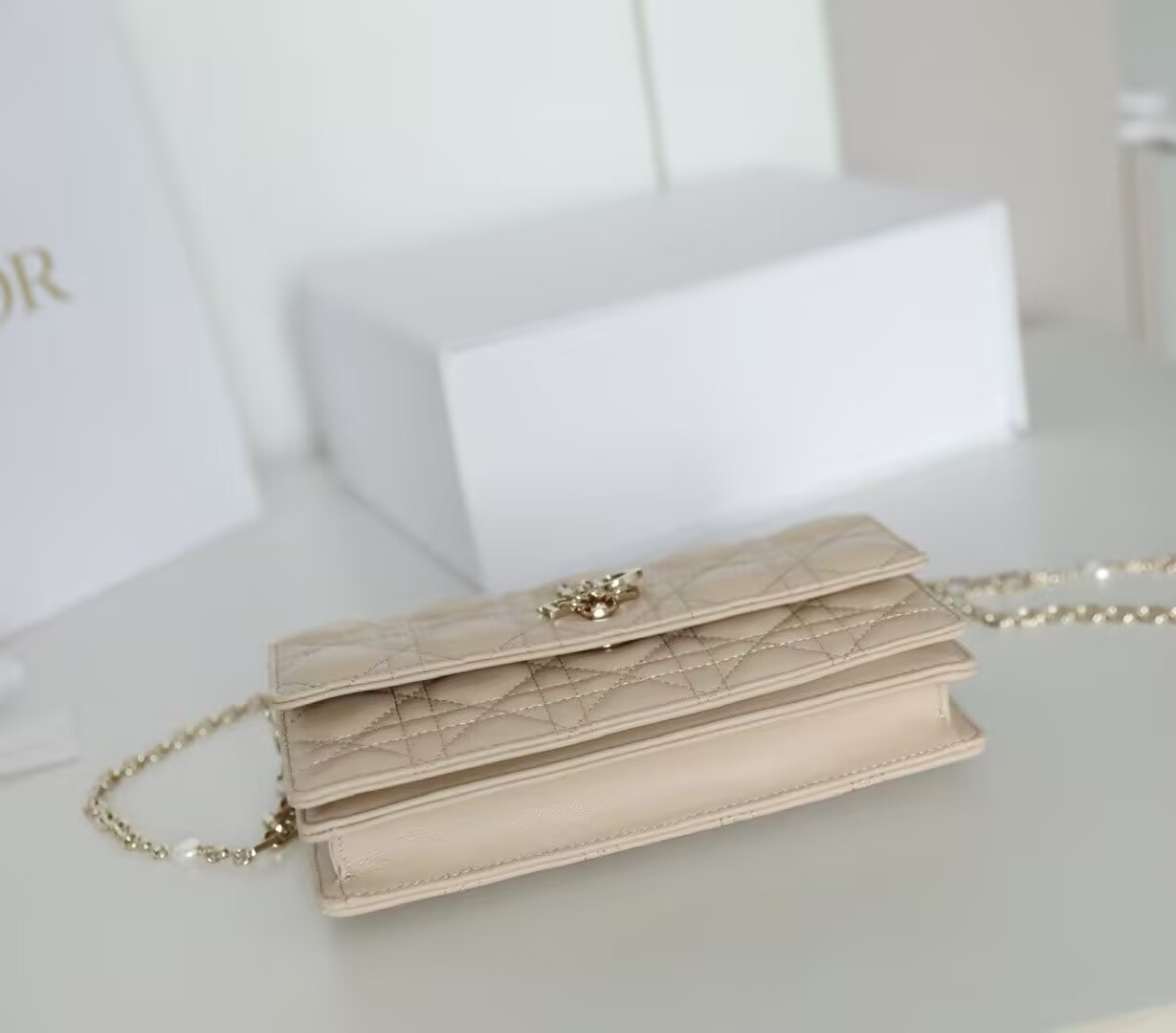 MISS D10r Mini Handbag Beige Cannage Woven Pattern Lambskin 21 x 11.5 x 4.5 cm