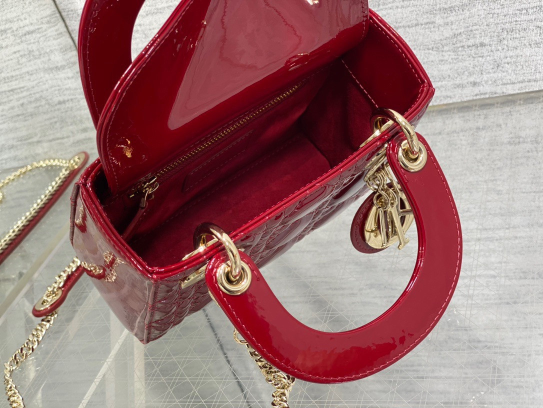 Mini Lady D10r Bag  Cherry Red Patent Cannage Calfskin 6.5 x 6 x 3 inches