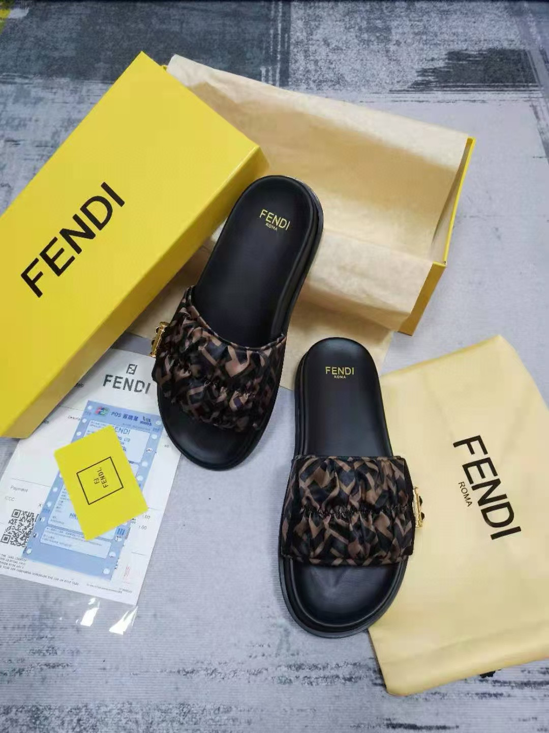 UA F**di Feel Brown satin slides