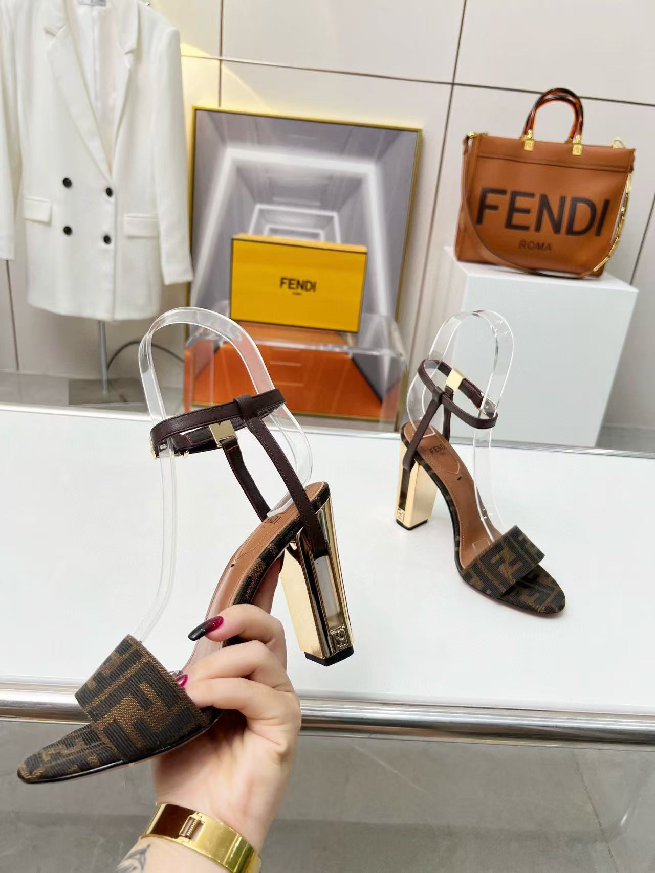 UA F**di Delfina Brown fabric high-heeled sandals