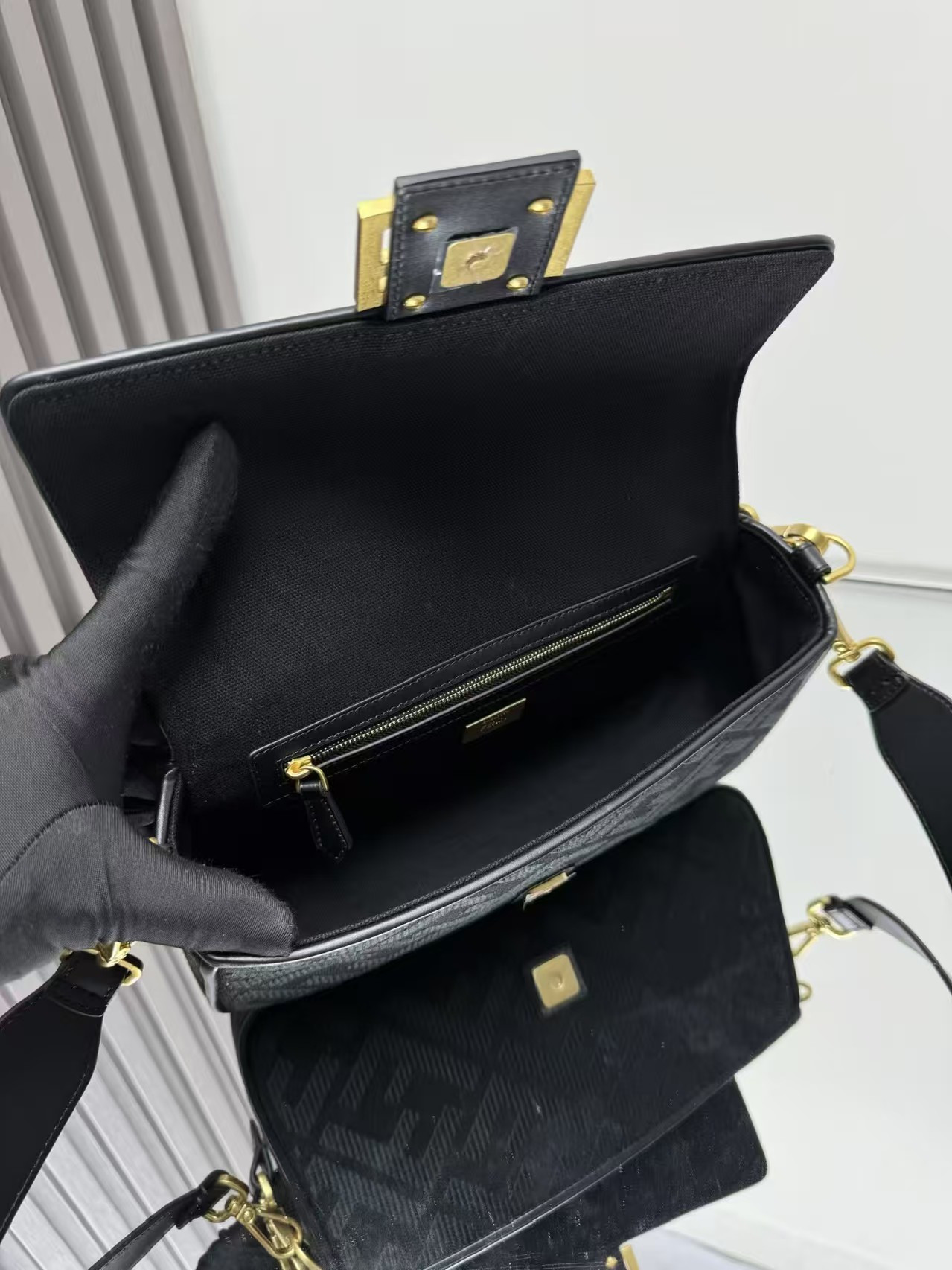 Fendi Canvas Vitello King Extra Strap FF Embroidered Baguette 28x6.5x13.5cm