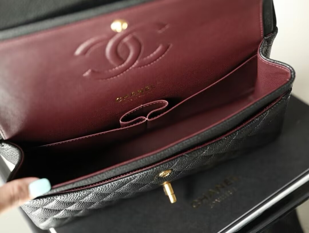 Ch**el SMALL CLASSIC HANDBAG Grained Calfskin & Gold-Tone Metal Black 5.7 × 9 × 2.3 in