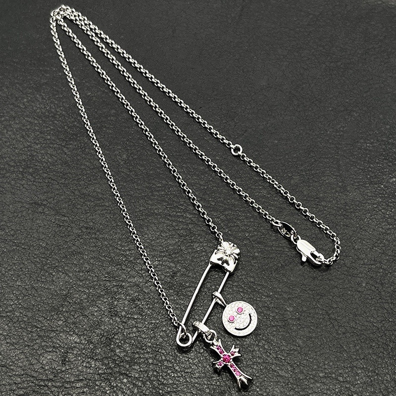 Chrome Hearts Smiley Face Small Cross Necklace (Chain length 45+5cm)