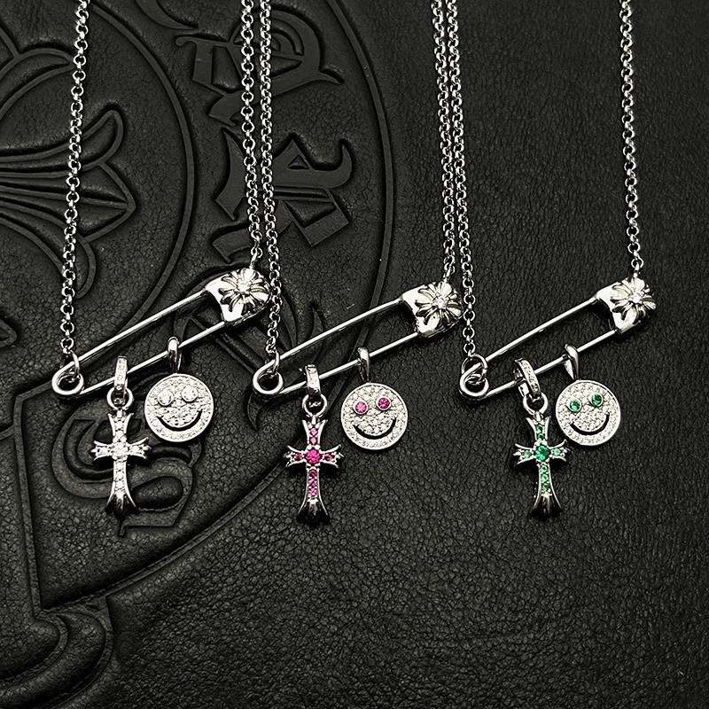 Chrome Hearts Smiley Face Small Cross Necklace (Chain length 45+5cm)
