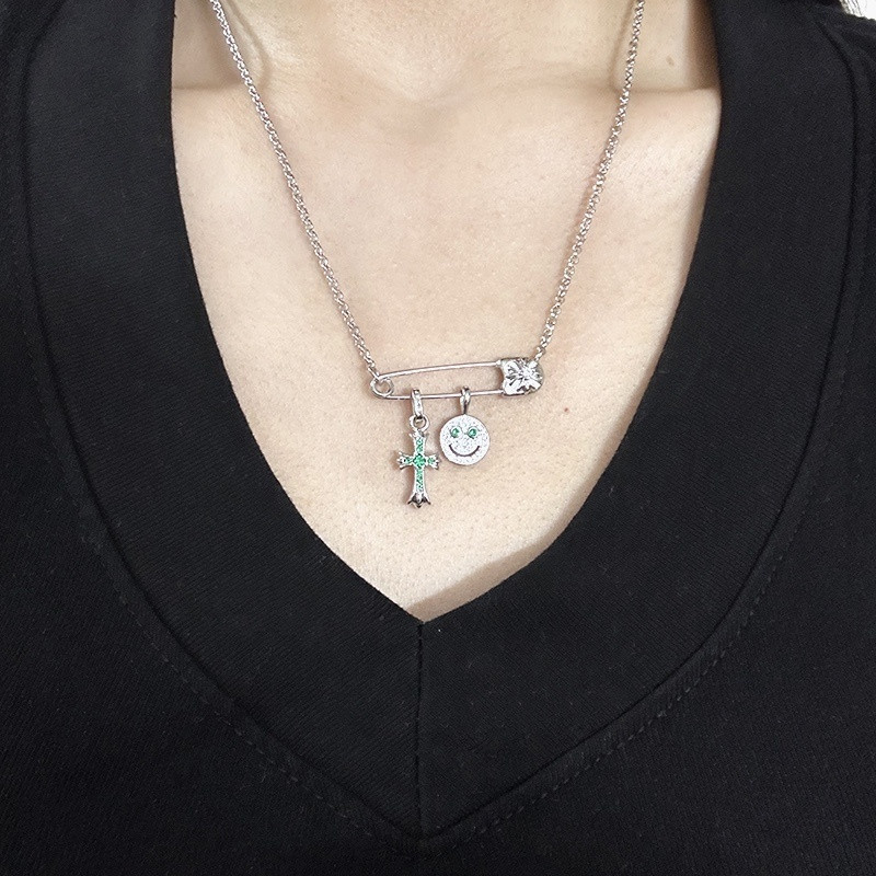 Chrome Hearts Smiley Face Small Cross Necklace (Chain length 45+5cm)