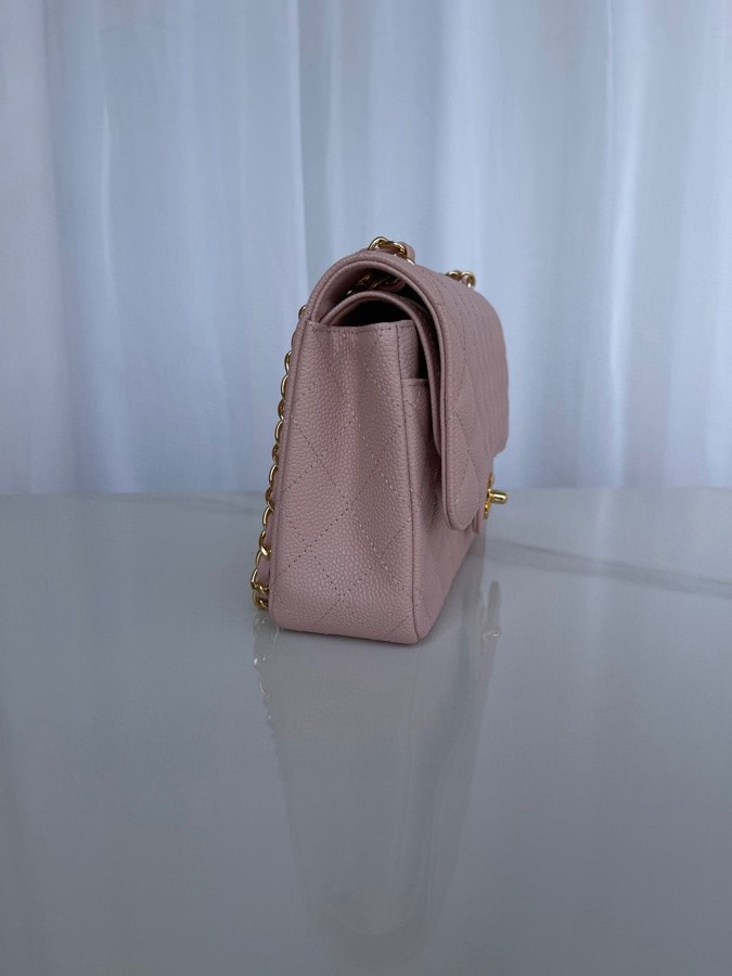 Ch**el CLASSIC HANDBAG GRAINED CALFSKIN & GOLD-TONE METAL PINK 6 × 9.9 × 2.5 in