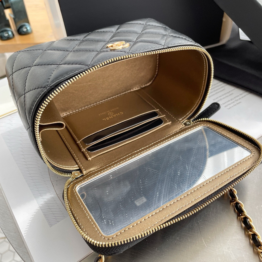 Ch**el Walnut Gold Ball Chain with Makeup Mirror Lamb Leather Square Box Shoulder Bag Women