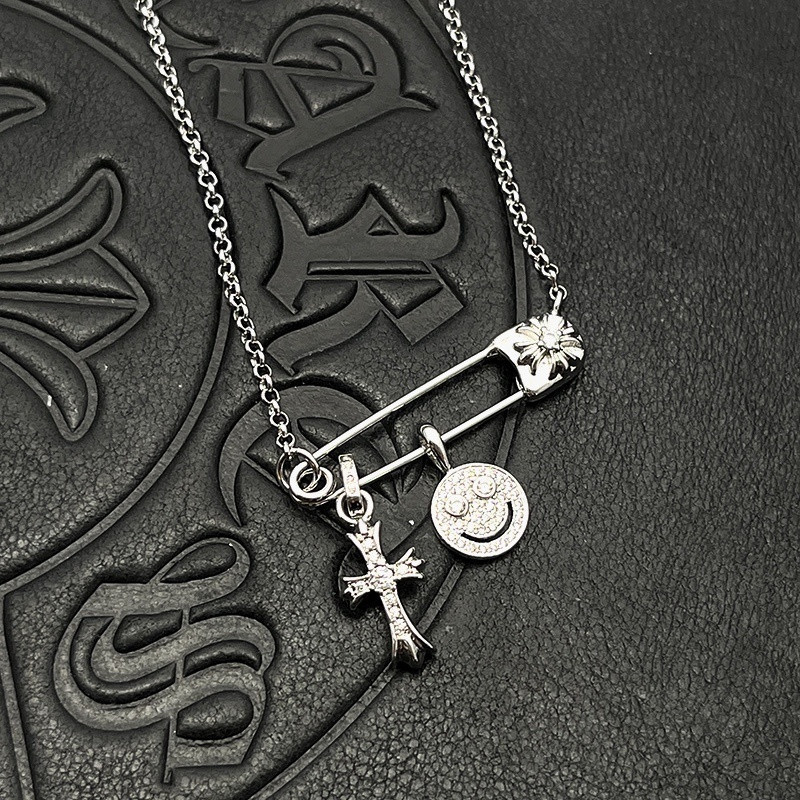 Chrome Hearts Smiley Face Small Cross Necklace (Chain length 45+5cm)