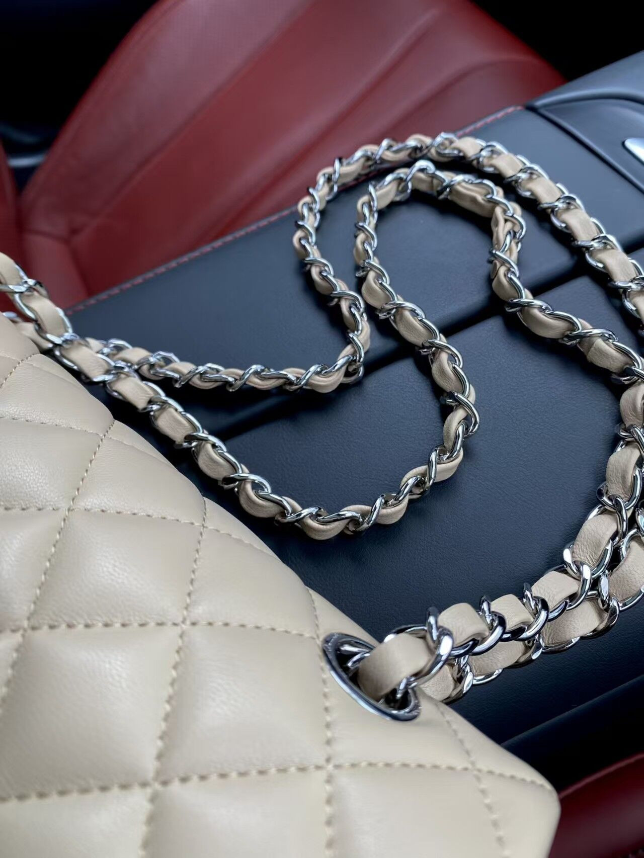 Ch**el Classic Flap Jumbo 25cm CF Khaki Silver 15.5x25.5x6.5cm