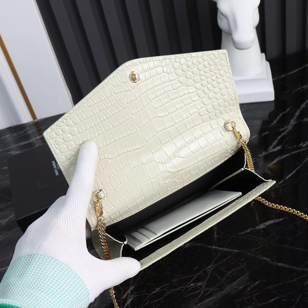 YSL UPTOWN CHAIN WALLET IN CROCODILE-EMBOSSED SHINY LEATHER 7.5 X 4.7 X 1.2 INCHES