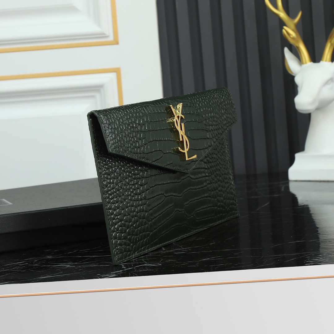 YSL UPTOWN POUCH IN CROCODILE-EMBOSSED SHINY LEATHER BLACK 10.6 X 6.2 X 0.7 INCHES